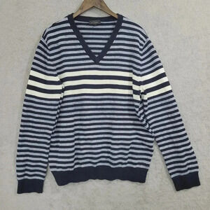 Express Striped V-Neck Sweater Mens XL 100% Cotton Navy & White 28PT